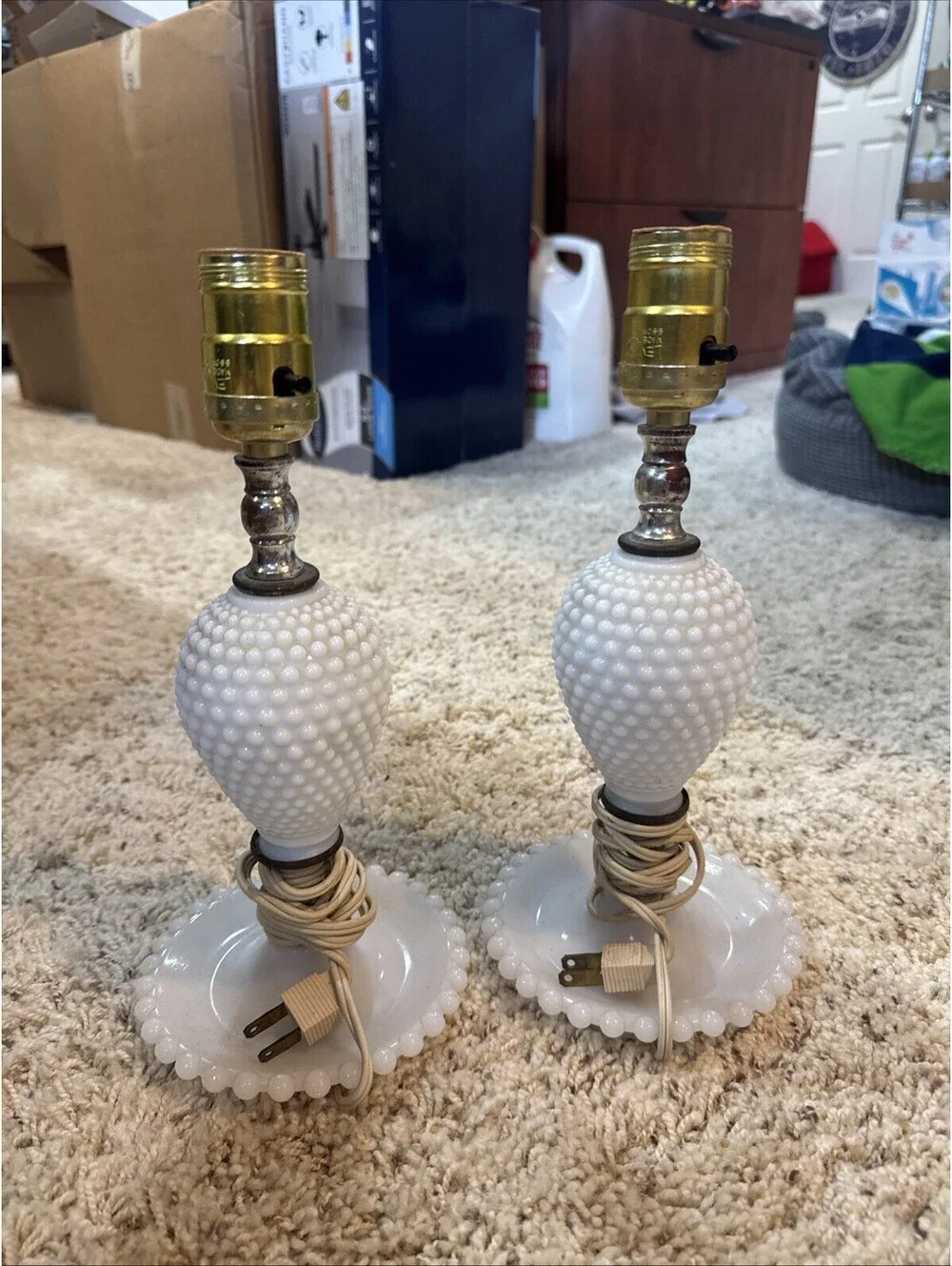 Vtg Pair of Fenton-style Hobnail Milk Glass Boudoir Lamps. [COPY]